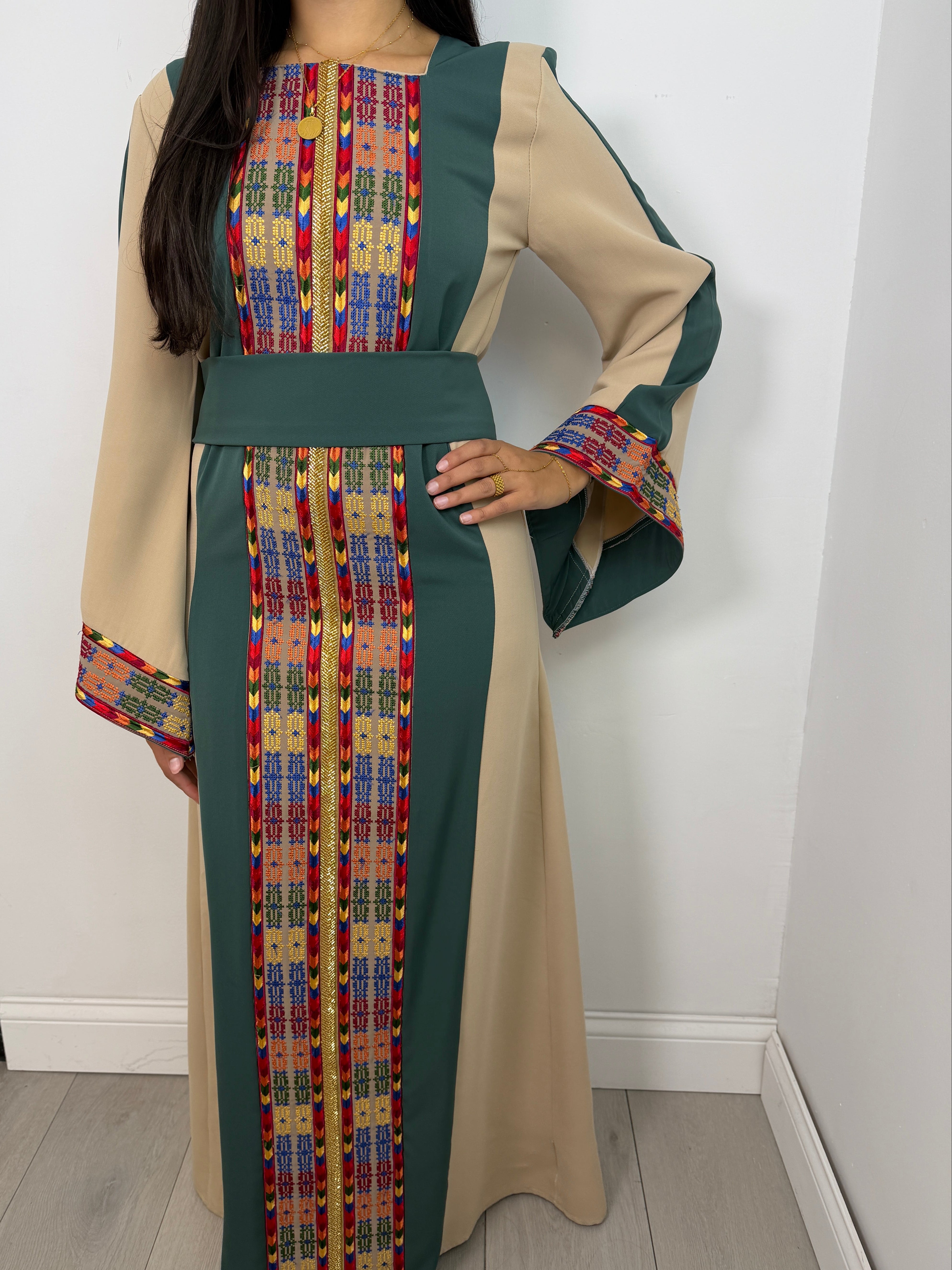 Falasteen Thobe Dress in Sage Green and Beige - full length