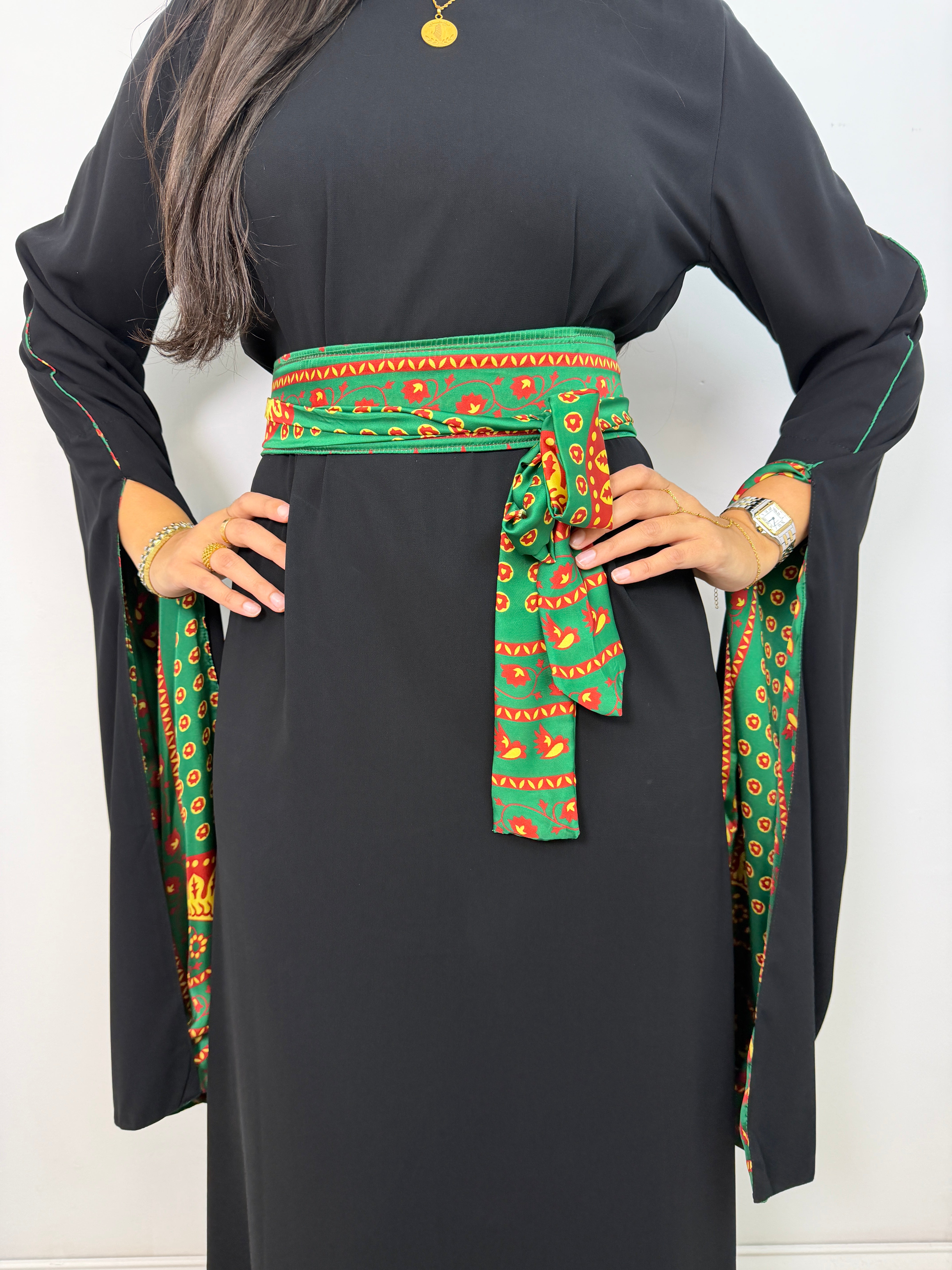 Black Tribal-Trim Abaya - flared sleeve and belt detail