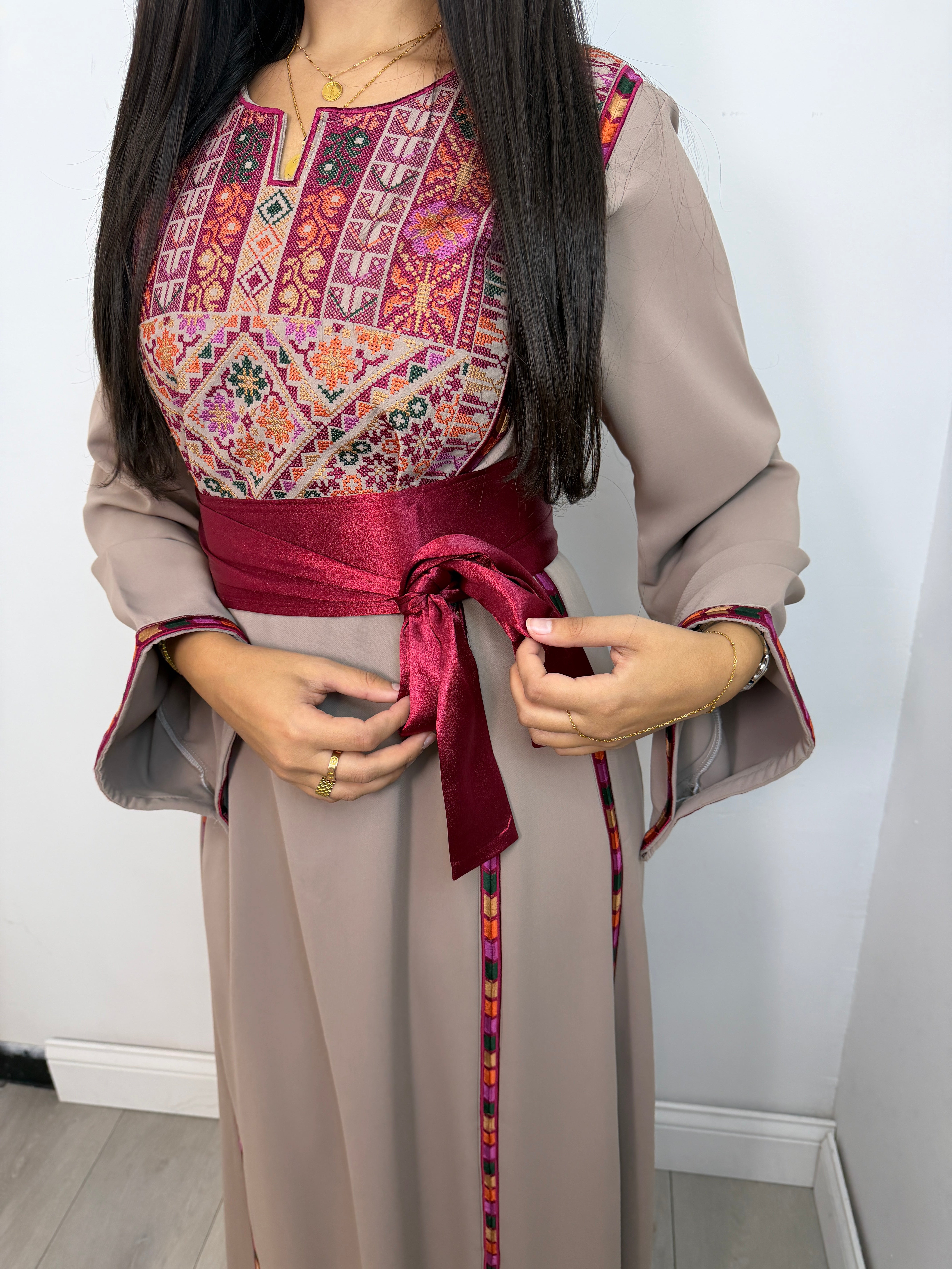 Falasteen Thobe Dress II in Taupe - embroidery detail close-up