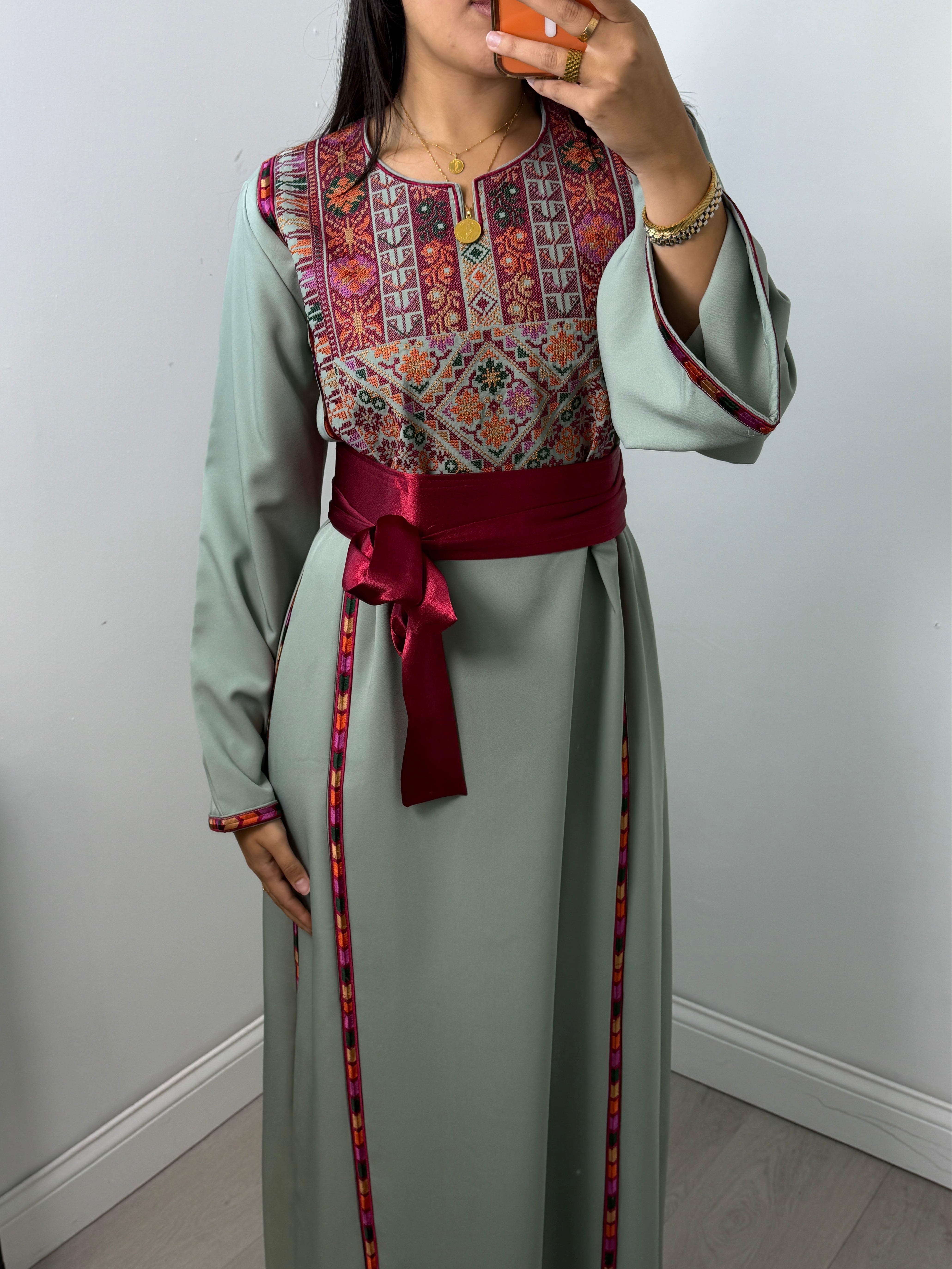 Falasteen Thobe Dress II in Sage Green - full length
