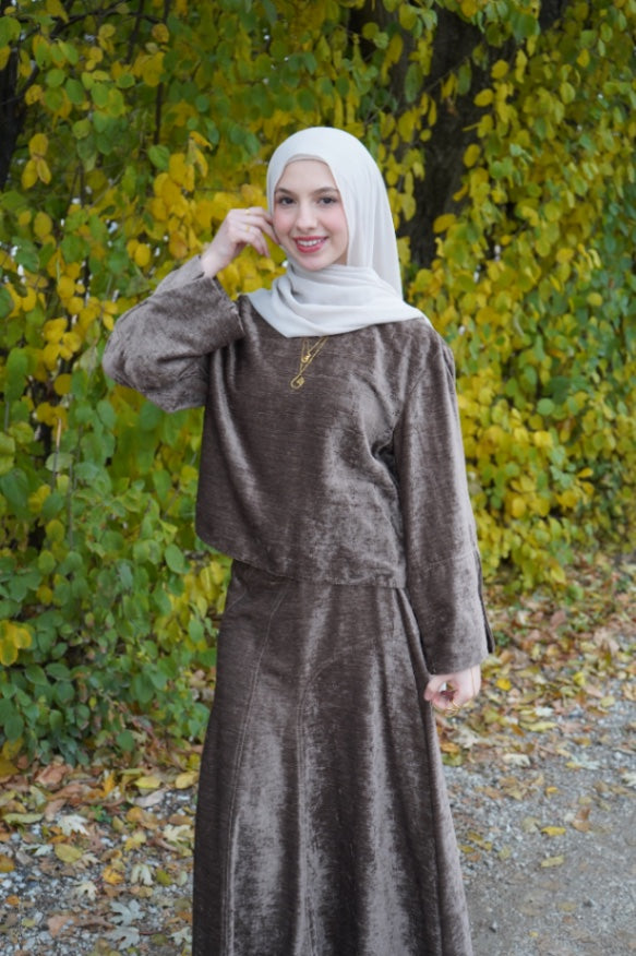 Salma Velvet Skirt Set Brown