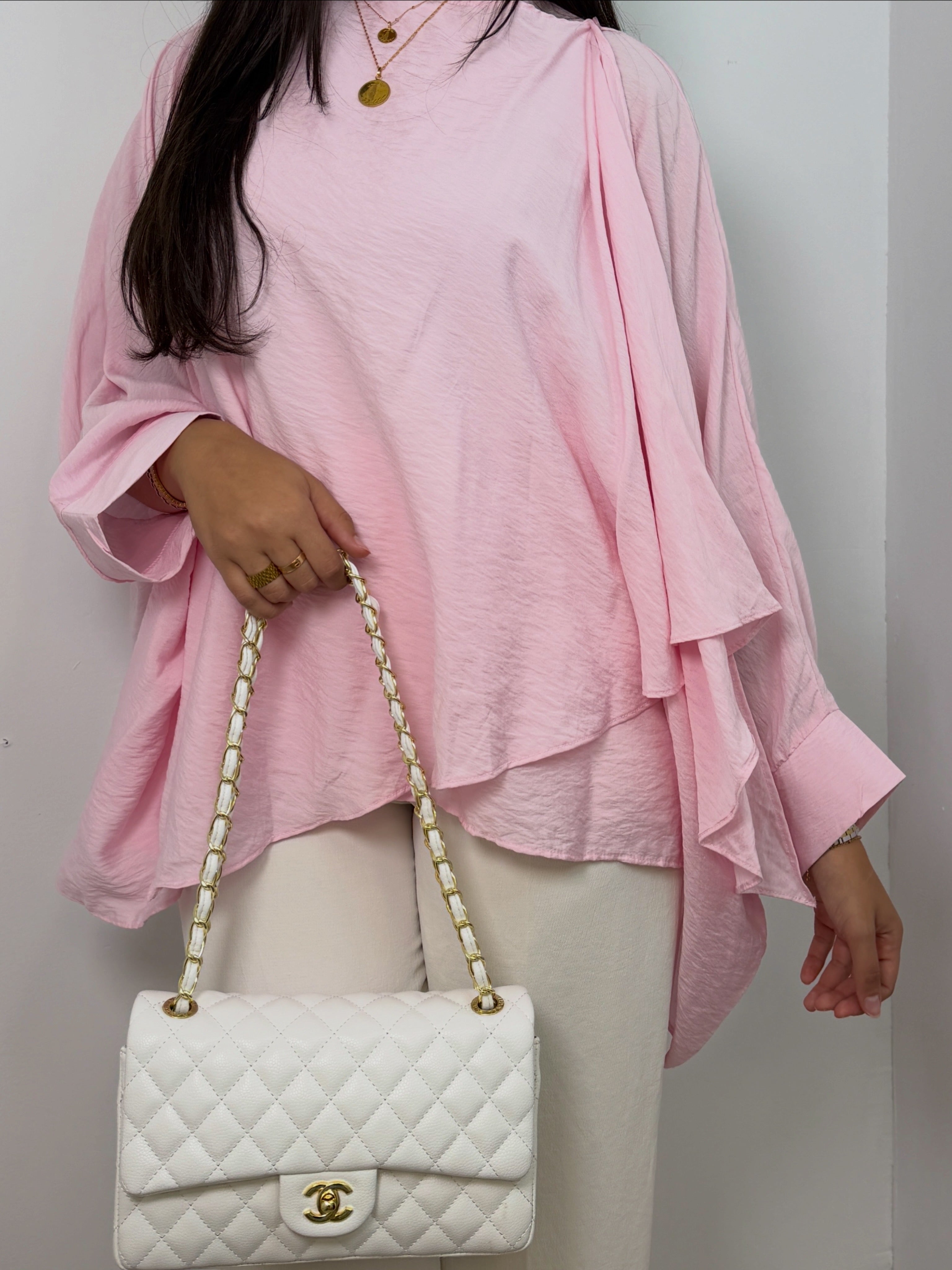 Hala Batwing Top in Blush Pink - front drape detail