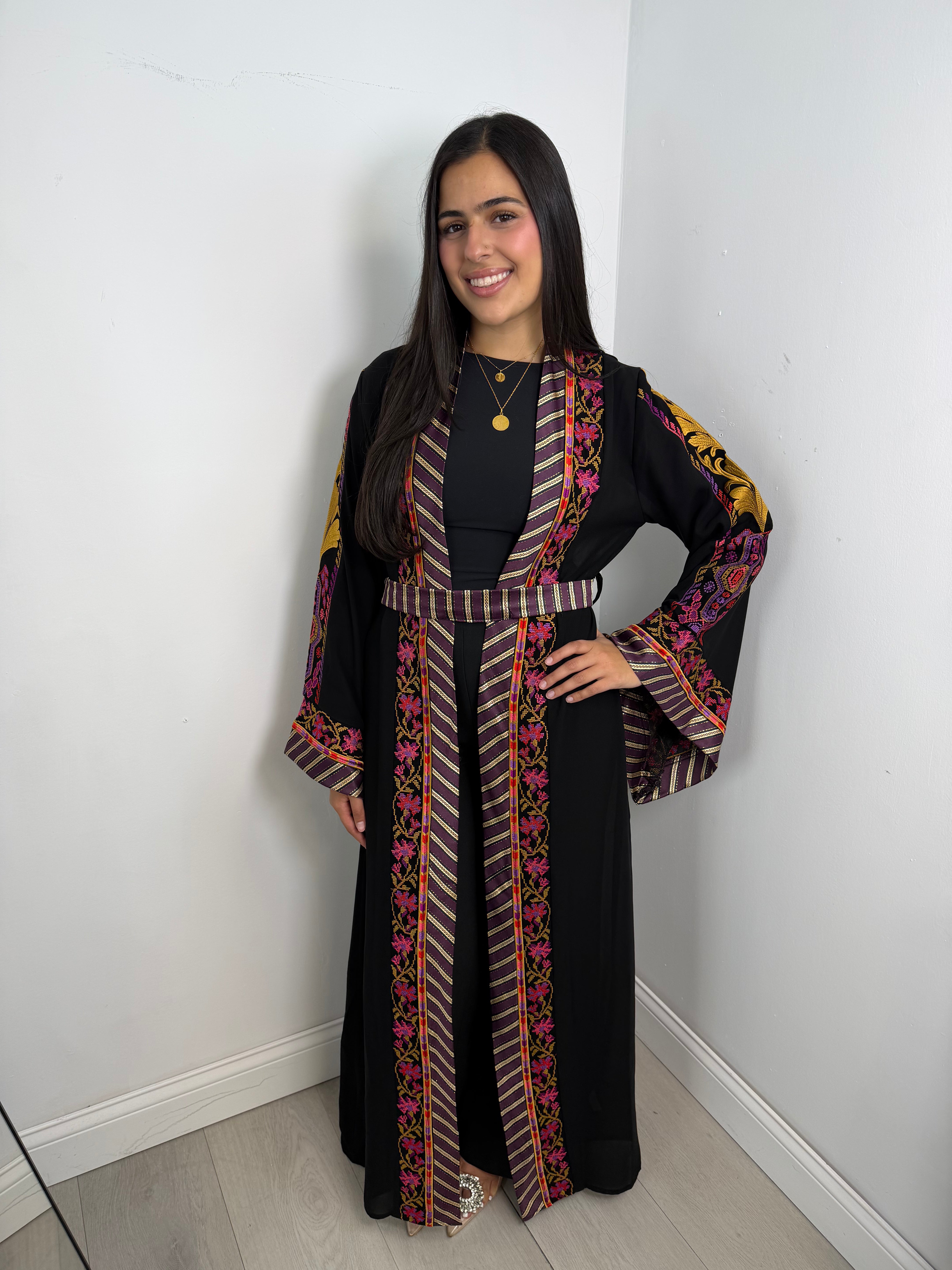 Warda Floral-Trim Embroidered Open Abaya