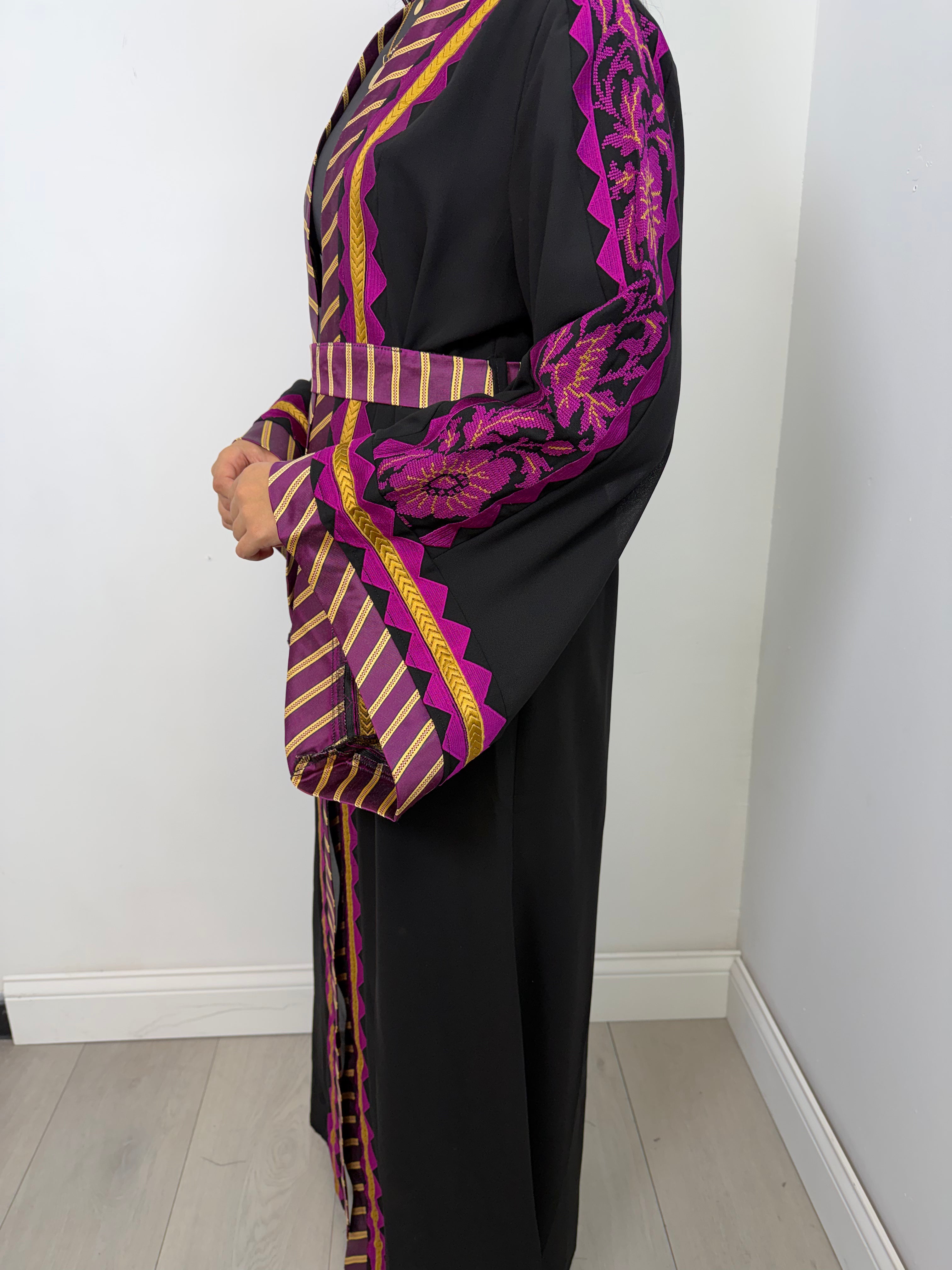 Warda Floral-Trim Embroidered Open Abaya