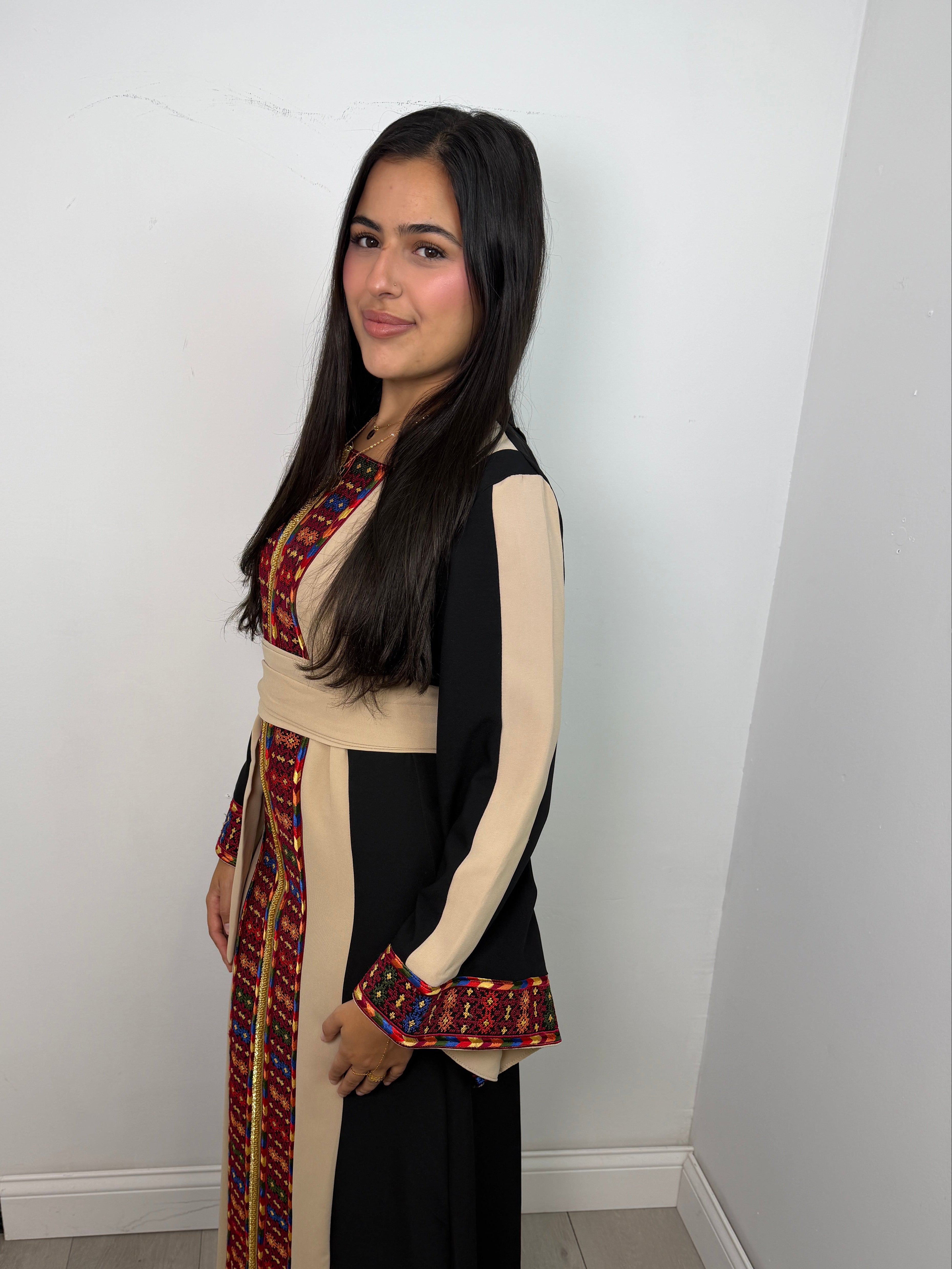 Falasteen Thobe Dress in Black and Beige - side view