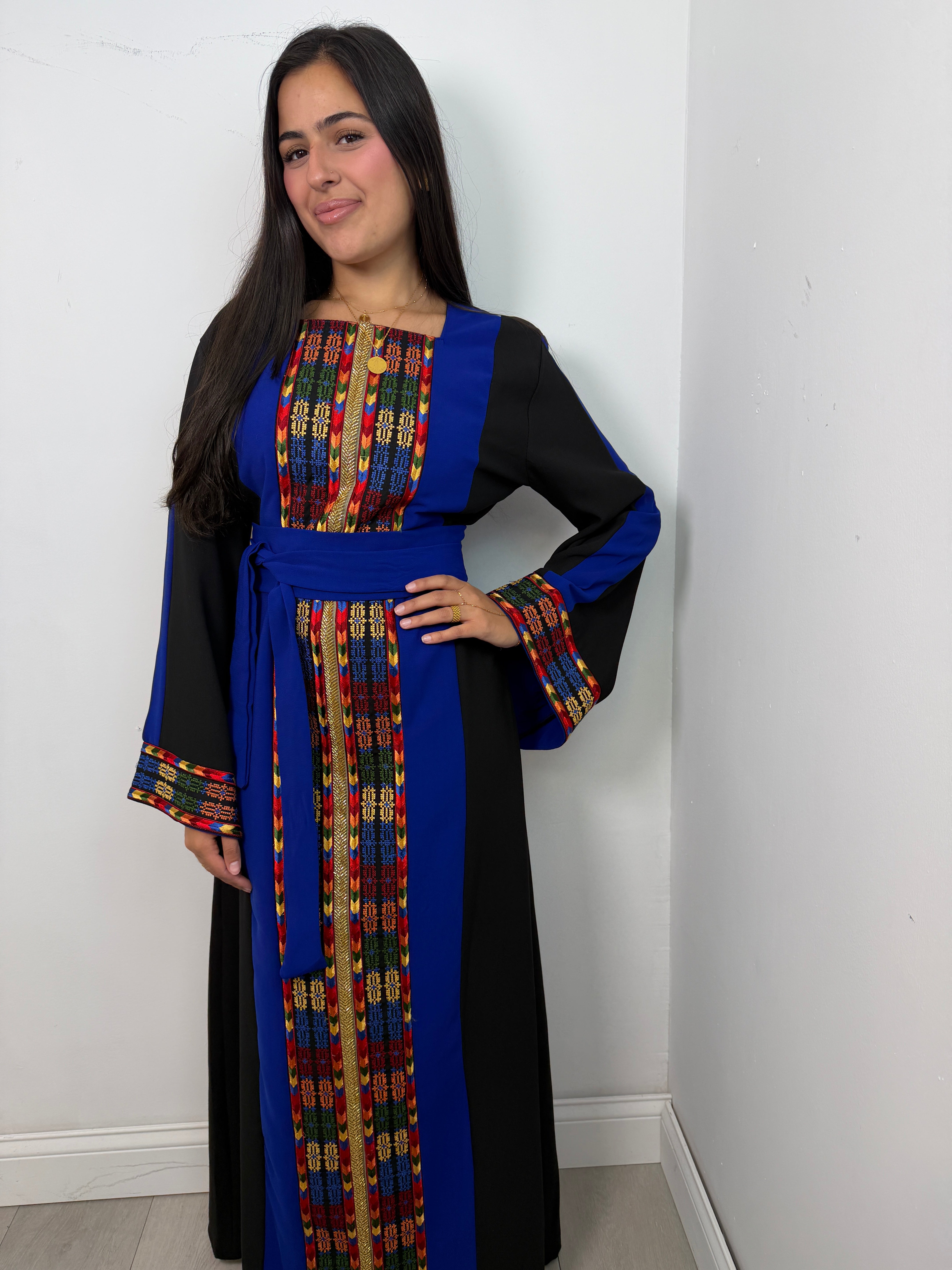 Falasteen Thobe Dress in Royal Blue and Black - full length