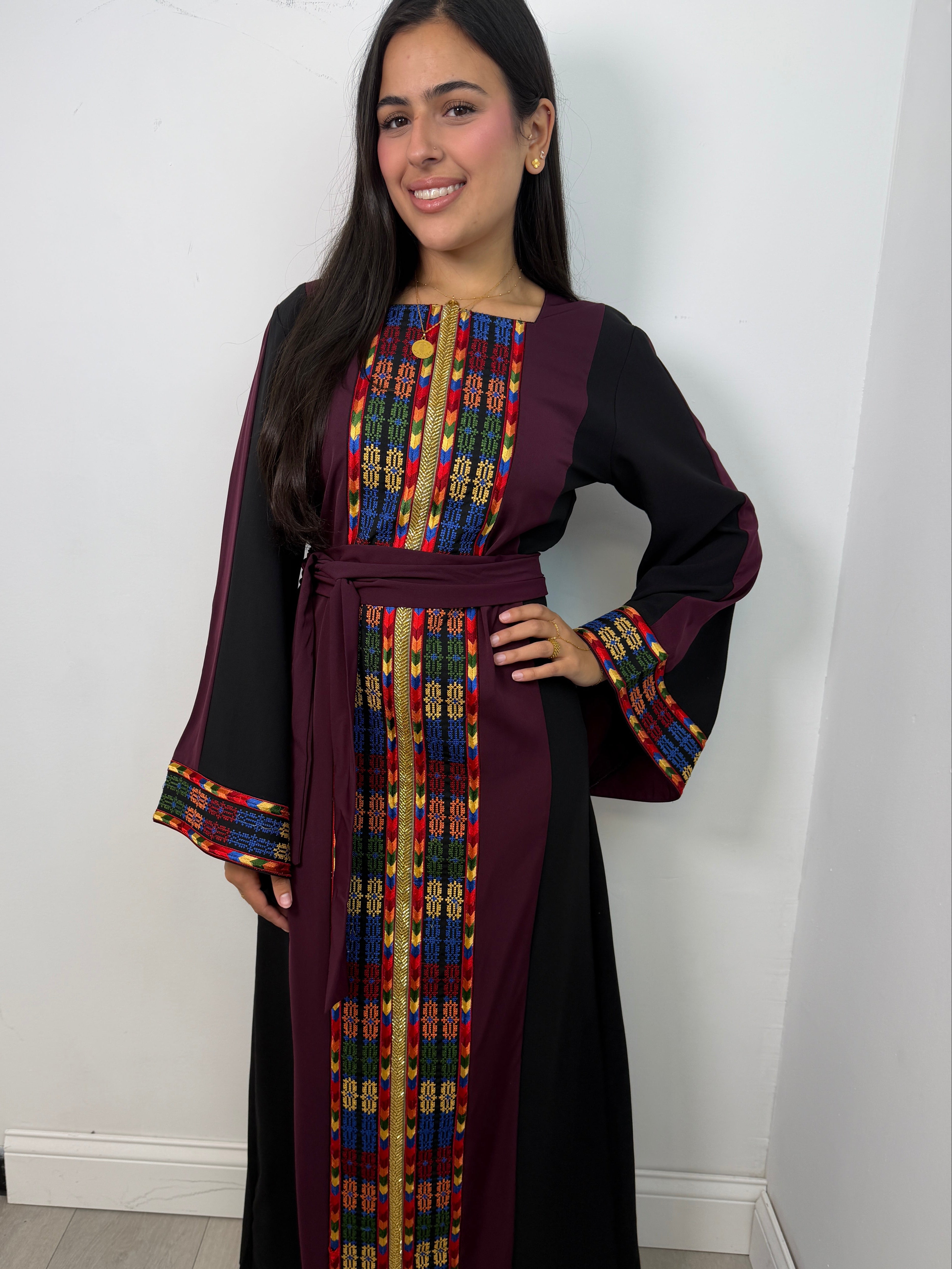 Falasteen Thobe Dress in Deep Burgundy and Black - full length