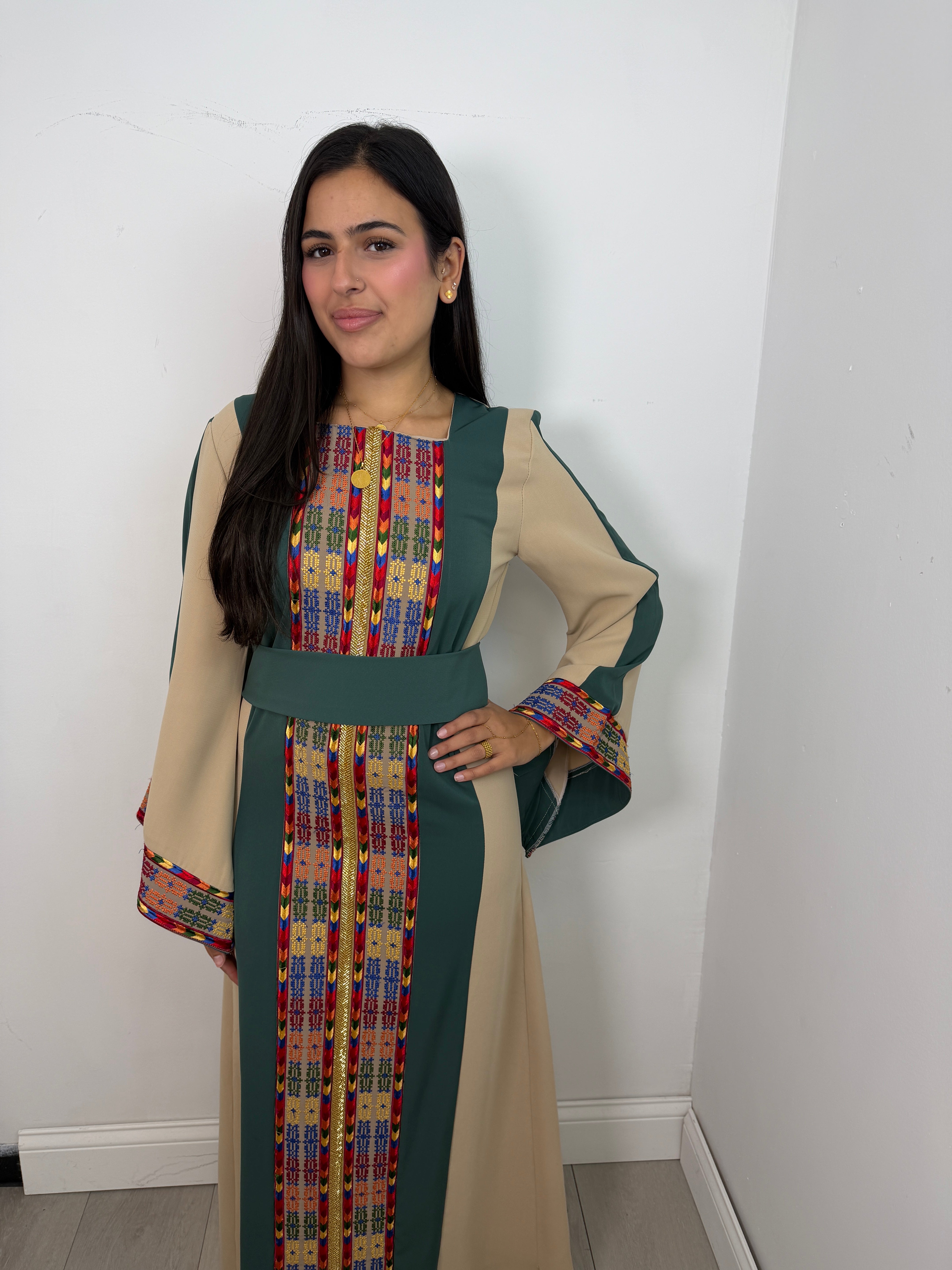 Falasteen Thobe Dress in Sage Green and Beige - front detail