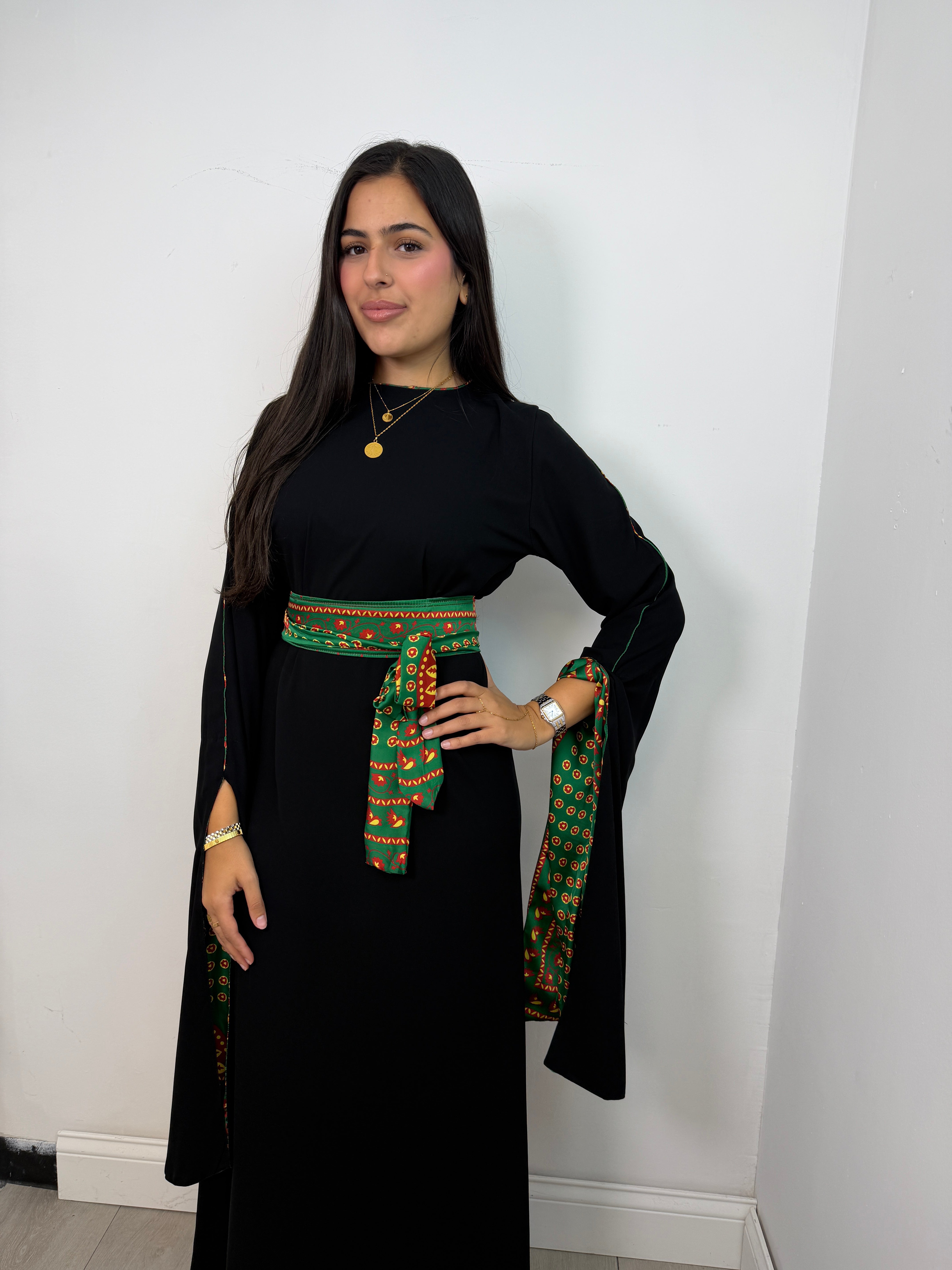 Black Tribal-Trim Flared Abaya with green sash belt - full length