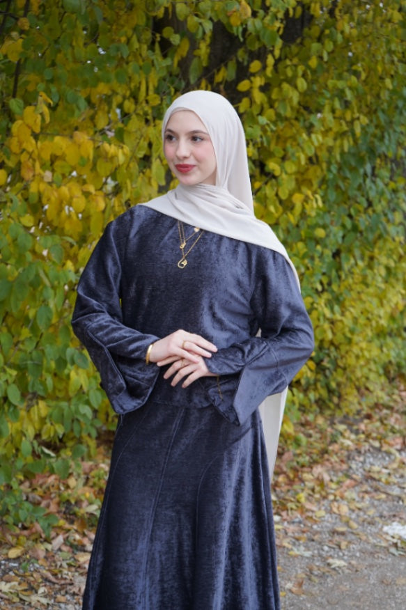 Salma Velvet Skirt Set Gray